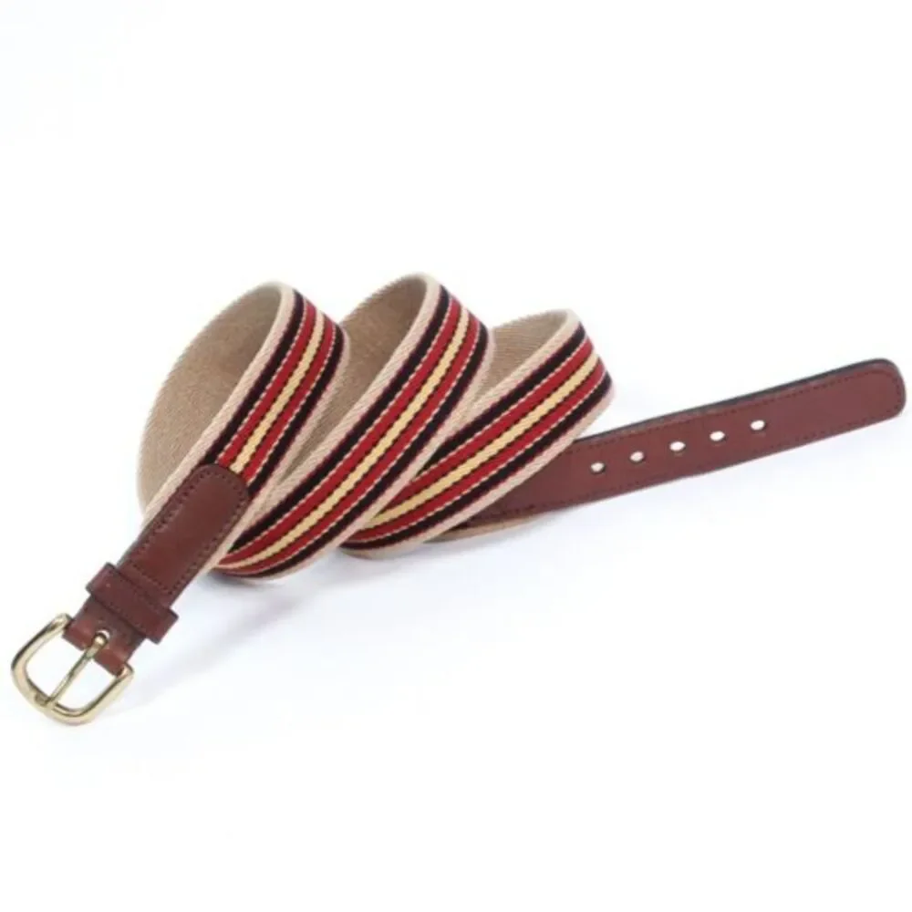 Dooney & Bourke Mens Belt 42 Brown Leather Canvas Stripe Preppy Solid Brass USA